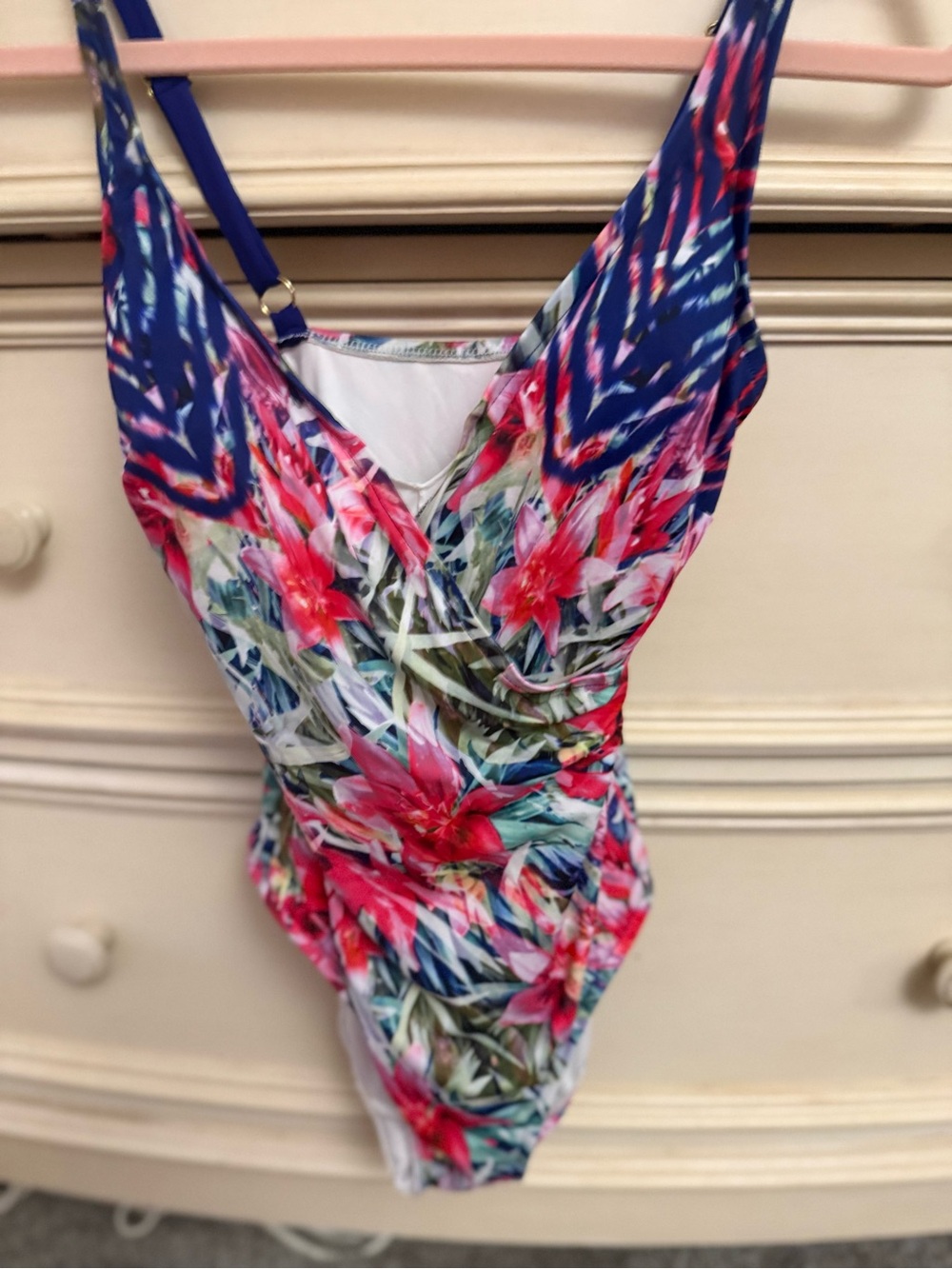 Badgley Mischka Blue & Pink Tropical Floral One-Piece Swimsuit